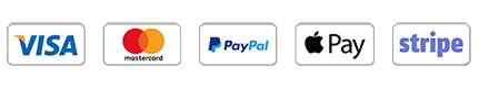 Payment methods accepted include: Visa, Mastercard, PayPal, Apple Pay, Stripe